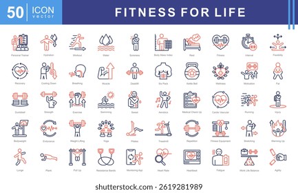 Fitness for Life icon set with exercise, workout, strength, endurance, health, wellness, cardiovascular, muscle and aerobics.