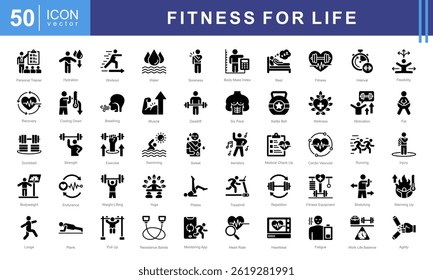 Fitness for Life icon set with exercise, workout, strength, endurance, health, wellness, cardiovascular, muscle and aerobics.