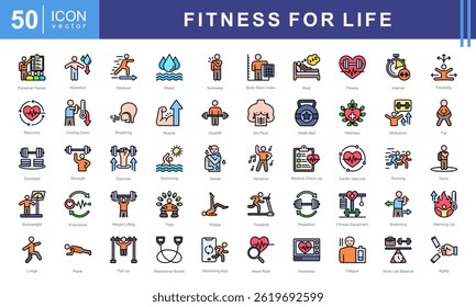 Fitness for Life icon set with exercise, workout, strength, endurance, health, wellness, cardiovascular, muscle and aerobics.