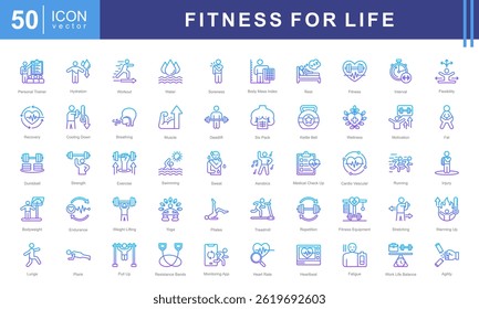 Fitness for Life icon set with exercise, workout, strength, endurance, health, wellness, cardiovascular, muscle and aerobics.
