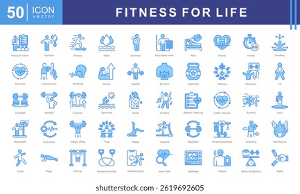 Fitness for Life icon set with exercise, workout, strength, endurance, health, wellness, cardiovascular, muscle and aerobics.