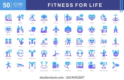 Fitness for Life icon set with exercise, workout, strength, endurance, health, wellness, cardiovascular, muscle and aerobics.