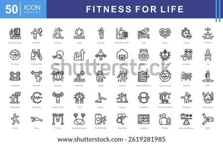 Fitness for Life icon set with exercise, workout, strength, endurance, health, wellness, cardiovascular, muscle and aerobics.