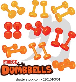 Fitness for life. Set of gaudy dumbbells with Chinese text(Strength) laid in the background.