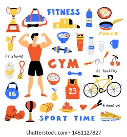 Fitness lifestyle, cute doodle set with lettering. Funny cartoon strong man.  Workout, gym collection. Healthy food. Hand drawn vector flat illustration, isolated on white.