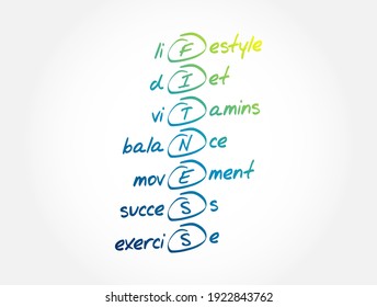 FITNESS - Lifestyle diet vitamins balance movement success exercise acronym, health concept background
