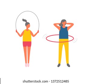 Fitness lifestyle vector, gymnastics activities flat style. People with jumping rope and gymnastic hoop, sportive females, training and working out