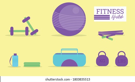 Fitness lifestyle vector icons set to use. Halter, pilates ball, jump rope, bottle of water, bag and more.