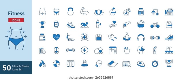 Fitness Line Blue Icons Set. Health, Healthy Lifestyle, Wellbeing, Exercise, Health Care, Sport, Workout Editable Stroke Vector Illustration