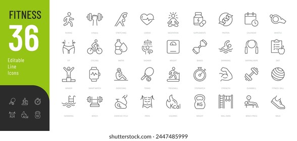 Fitness Line Editable Icons set. Vector illustration in modern thin line style of sport related icons: types of physical activity, proper nutrition, and sports equipment. Isolated on white.