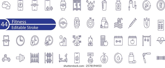 Fitness Line Editable Icons set. Vector illustration in modern thin line style of sport related icons , types of physical activity, proper nutrition, and sports equipment and more