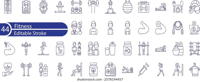 Fitness Line Editable Icons set. Vector illustration in modern thin line style of sport related icons , types of physical activity, proper nutrition, and sports equipment and more