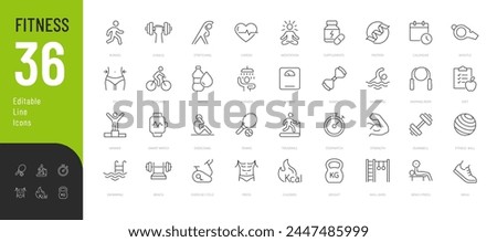 Fitness Line Editable Icons set. Vector illustration in modern thin line style of sport related icons: types of physical activity, proper nutrition, and sports equipment. Isolated on white.