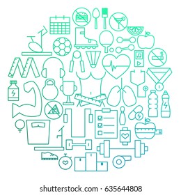 Fitness Line Icon Circle Design. Vector Illustration of Sport and Healthy Lifestyle Objects.