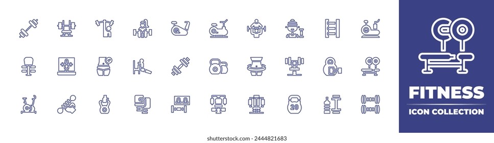 Fitness line icon collection. Editable stroke. Vector illustration. Containing exercise, trainer, gym station, weightlifting, fitness, slim body, dumbbell, female fitness, vr fitness, stationary bike.