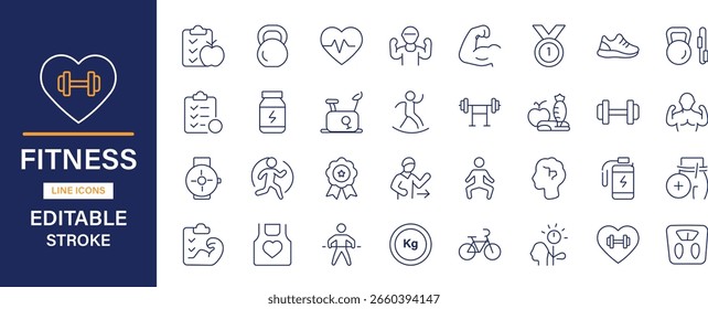 Conjunto de ícones da linha de fitness - Ícones de vetor minimalista de traço editável para projetos de ginástica, saúde, exercício, dieta e bem-estar