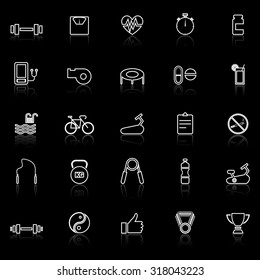 Fitness line icons with reflect on black background, stock vector