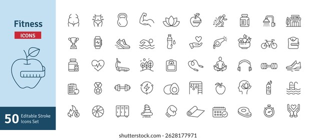 Fitness Line Icons Set. Health, Healthy Lifestyle, Wellbeing, Exercise, Health Care, Sport, Workout Editable Stroke Vector Illustration