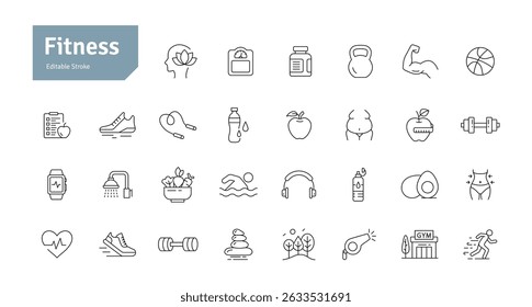 Fitness Line Icons Set. Health, Healthy Lifestyle, Wellbeing, Exercise, Health Care, Sport, Workout Editable Stroke Vector Illustration