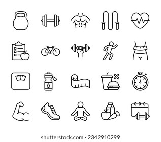 Fitness line icons set vector illustration. editable stroke