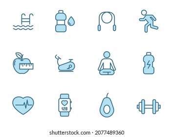 fitness line vector icons in two colors isolated on white background. fitness blue outline icon set for web design, ui, mobile apps and print