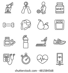 fitness linear icons set. training apparatus, fitness machine, sports nutrition collection