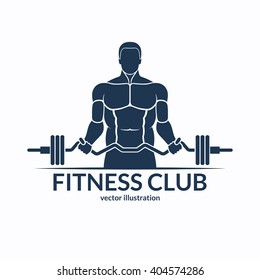 Fitness logo. An athlete with a barbell. Gym, bodybuilding, weightlifting, sports, training monochrome emblem, label, badge, sign, symbol. Vector illustration