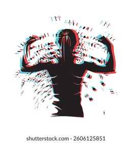 Fitness logo. Athletic young woman showing muscles on her back and arms. Glitch effect, isolated vector silhouette. 