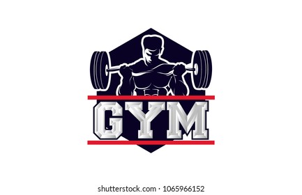 Fitness logo badge with muscle man, Gymnastic logo template vector, Body Build logo badge