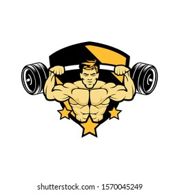 Fitness logo badge with muscle man, Gymnastic logo template vector, Body Build logo badge