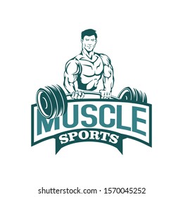 Fitness logo badge with muscle man, Gymnastic logo template vector, Body Build logo badge