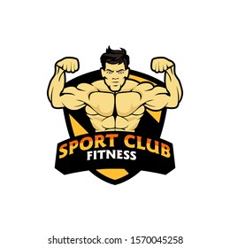 Fitness logo badge with muscle man, Gymnastic logo template vector, Body Build logo badge