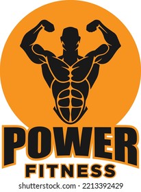 Fitness logo badge with muscle man, Gymnastic logo template vector, Body Build logo badge Fitness club logo with exercising athletic man and woman isolated on white, vector illustration