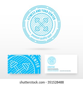 Fitness logo badge vector design elements with business card template editable. Illustration made in mono line style.