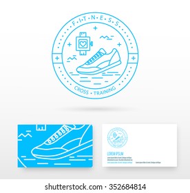 Fitness logo badge vector design elements with business card template editable. Illustration made in mono line style.