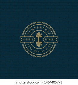 Fitness logo or badge vector illustration, dumbbell sport equipment symbol silhouette. Retro typography emblem design template or t-shirt label stamp.