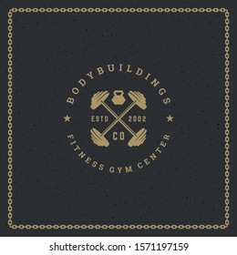Fitness logo or badge vector illustration two crossed barbells sport equipment symbol silhouette. Retro typography emblem design template or t-shirt print stamp.