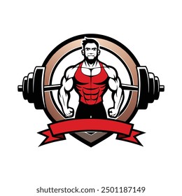 Fitness Logo with Barbell and Man Vector Illustration