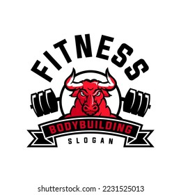 fitness logo with Bull head mascot. Buffalo logo vector, shield symbol,  bull head vector, esport bull angry vector flat logo
