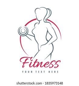 Fitness Logo with contour of training woman isolated on White Background. Vector illustration.