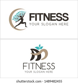Fitness logo with curve tree silhouette woman stretching illustration vector suitable for physical fitness gym health club team