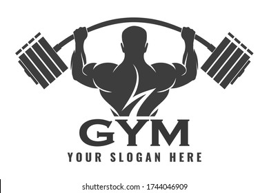 Fitness logo design template, design for gym and fitness club. Logo with exercising athletic man. Vector illustration.