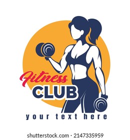 Logo o emblema de fitness con mujer entrenadora aislada en fondo blanco. Ilustración vectorial.