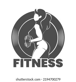 Fitness Logo Emblem with Woman holds Dumbbell against Barbell Plate. Vector illustration isolated on white. 