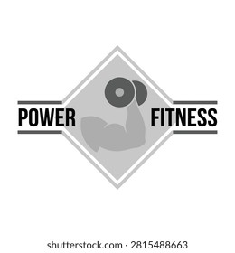 A fitness logo featuring a dumbbell and flexed arm in a diamond shape with power fitness text