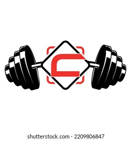 fitness logo, initial letter C with dumbbell  vector concept
