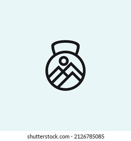 fitness logo with mountain and kettlebell icon vector silhouette illustration template