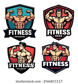 Fitness logo with muscular figures for gym, workout, and health-themed branding