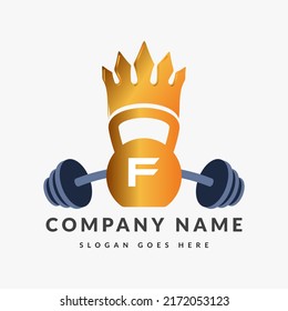 Fitness Logo On Letter F Template. Fitness Crown On F Letter, Initial Fitness Sign Concept, Crown logo design