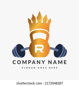 Fitness Logo On Letter R Template. Fitness Crown On R Letter, Initial Fitness Sign Concept, Crown logo design